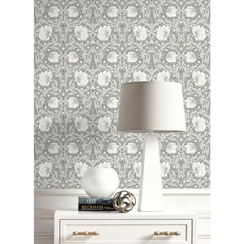Alloy Grey and Alabaster Floral Vinyl Peel and Stick Wallpaper