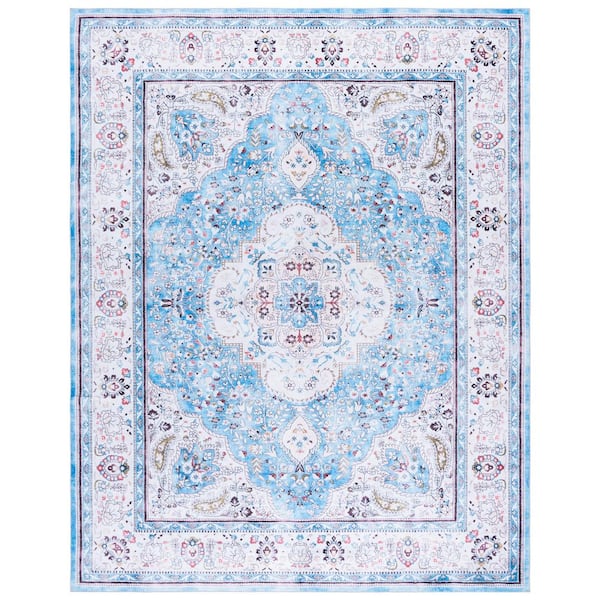 Martha Stewart Washable Turquoise/Beige 8 ft. x 10 ft. Machine Washable Medallion Border Area Rug