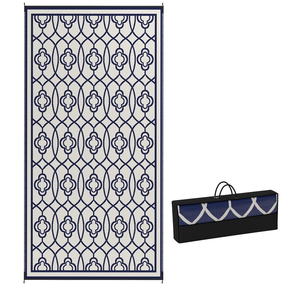 Blue and White Lantern 9 ft. x 18 ft. Waterproof Plastic Straw Floor Mat La
