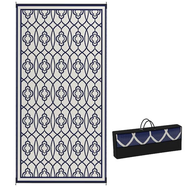 Outsunny Blue and White Lantern 9 ft. x 18 ft. Waterproof Plastic Straw Floor Mat Large Reversible Outdoor Rug Area Rug