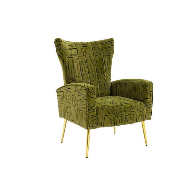 Unbranded Olive Modern Graffiti Pattern Velvet Upholstered Wingback Arm Chair with Golden Legs