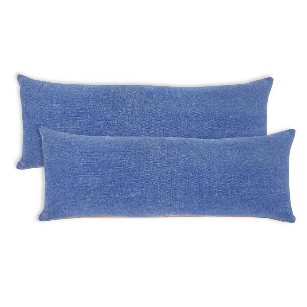 LR Home Suzane Blue Solid Hand-Woven Polyfilled 14 in. x 36 in. Throw Pillow, (Set of 2)