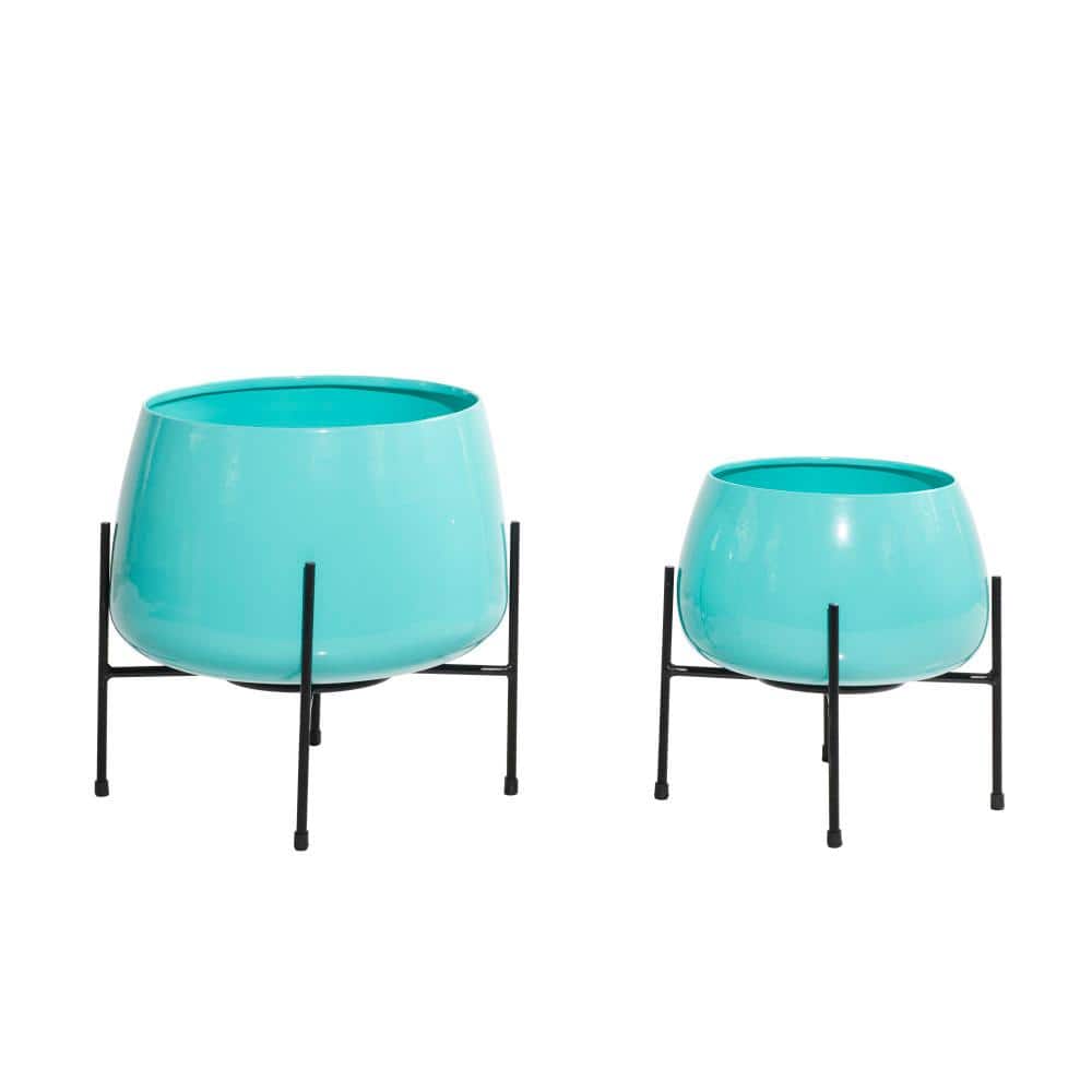 Teal Polished Metal Indoor/Outdoor Floor Planter Set with Black Stands