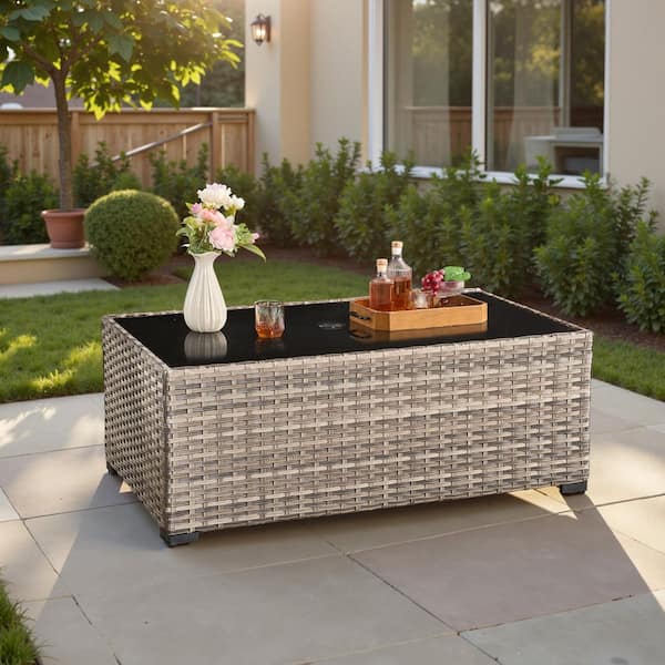 MISOGRS Outdoor PE Wicker Coffee Table Rectangle Tempered Glass Table with Umbrella Hole