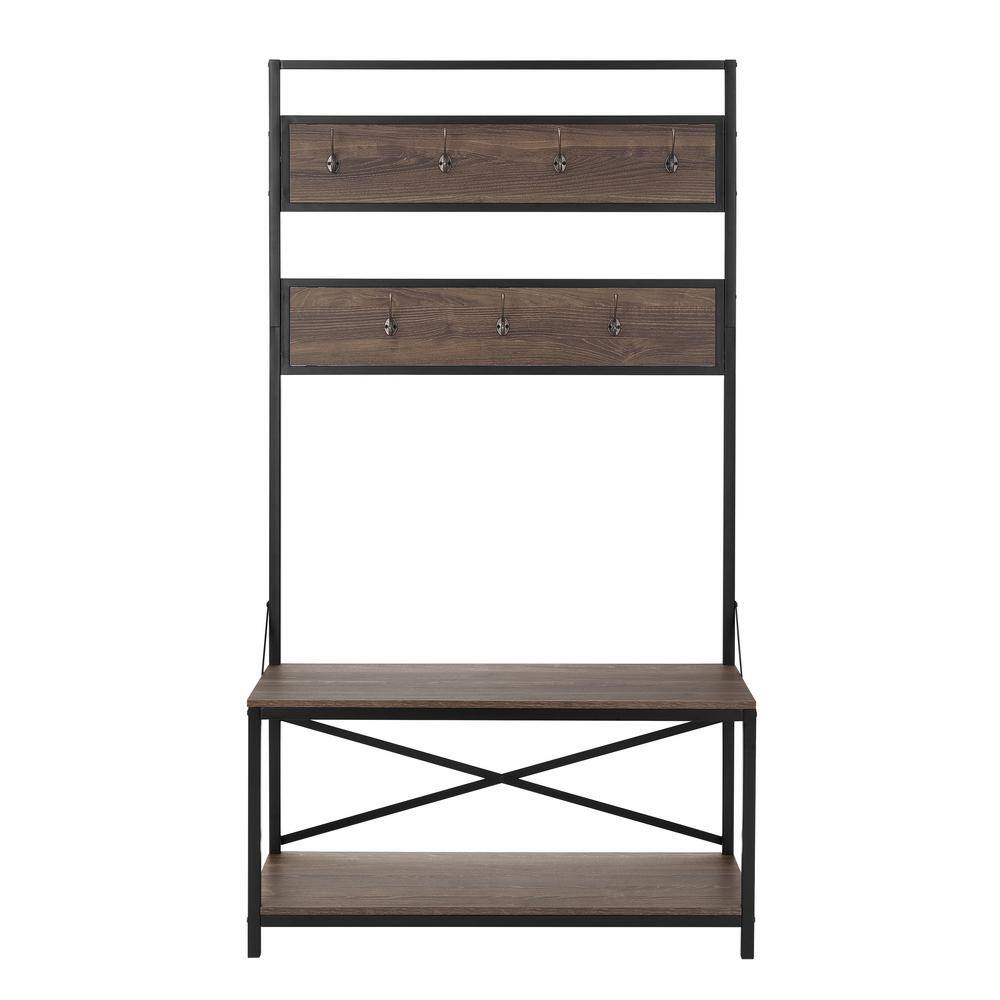 StyleWell Dark Oak Finish Wood Hall Tree with Hooks and Bench (40 in. W ...