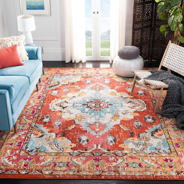 Monaco 12 ft. x 18 ft. Orange/Light Blue Distressed Border Medallion Area Rug