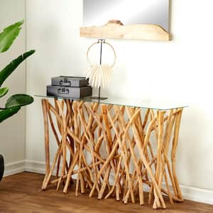 51 in. Brown Extra Large Rectangle Teak Wood Handmade Tree Branch Console Table with Clear Glass Top