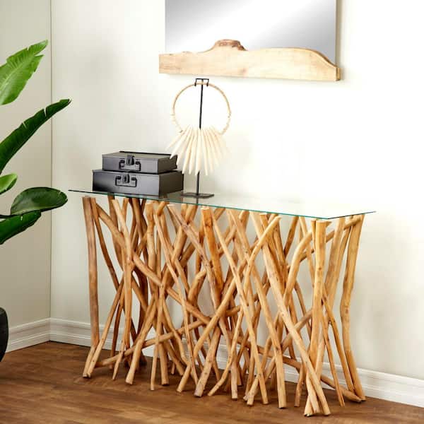 Litton Lane 51 in. Brown Extra Large Rectangle Teak Wood Handmade Tree Branch Console Table with Clear Glass Top