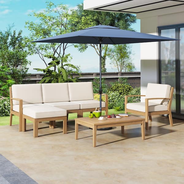 Zeus & Ruta 6-Piece Natural Acacia Wood Patio Outdoor Conversation Set with Beige Cushions and 1 Coffee Table