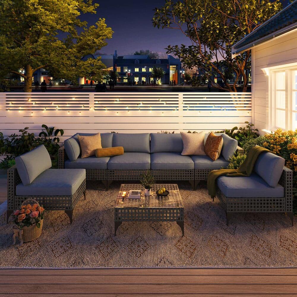 7-Piece Gray Wicker Patio Conversation Set with Gray Blue Cushions