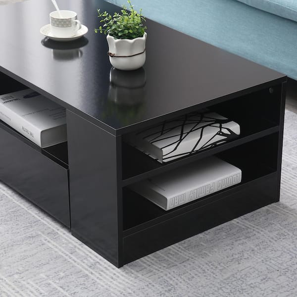 Modern High Gloss Surface Cocktail Table, Coffee Table with Large Drawer,  Black-ModernLuxe