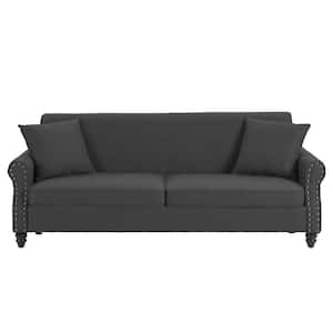 73.35 in. Rolled Arm Linen Upholstered Rectangle 2-Seater Sofa in. Dark Gray with Wood Legs