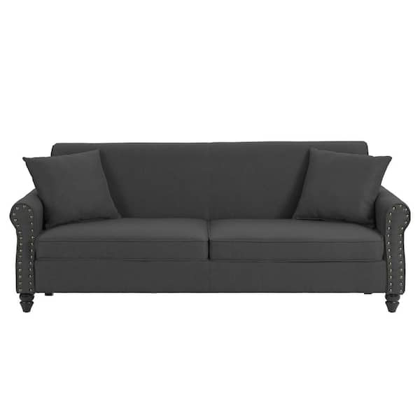 Uixe 73.35 in. Rolled Arm Linen Upholstered Rectangle 2-Seater Sofa in. Dark Gray with Wood Legs