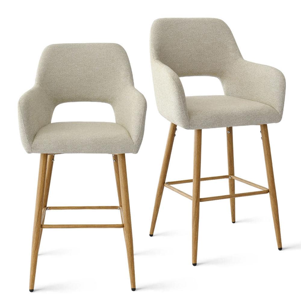 Beige Upholstered Counter Stools with Oak Legs, Set of 2