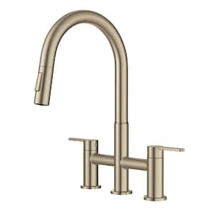 Oletto Double Handle Bridge Kitchen Faucet with Pull-Down Sprayhead in Spot-Free Antique Champagne Bronze