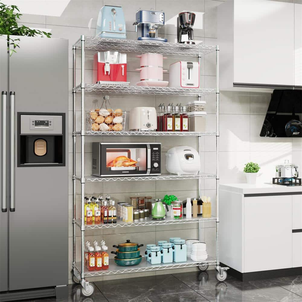 Chrome Heavy-Duty 6-Tier Adjustable Wire Storage Rack with Wheels