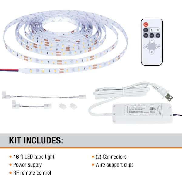 Commercial Electric 16 ft. White Indoor LED Tape Light w/remote (Plug-in or  direct wire) 142130 - The Home Depot