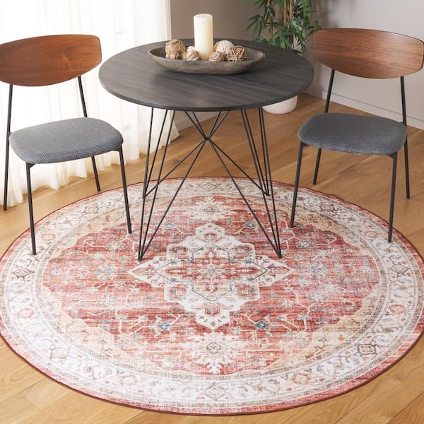 Arizona Rust/Gold 6 ft. x 6 ft. Distressed Border Ornate Machine Washable Round Area Rug