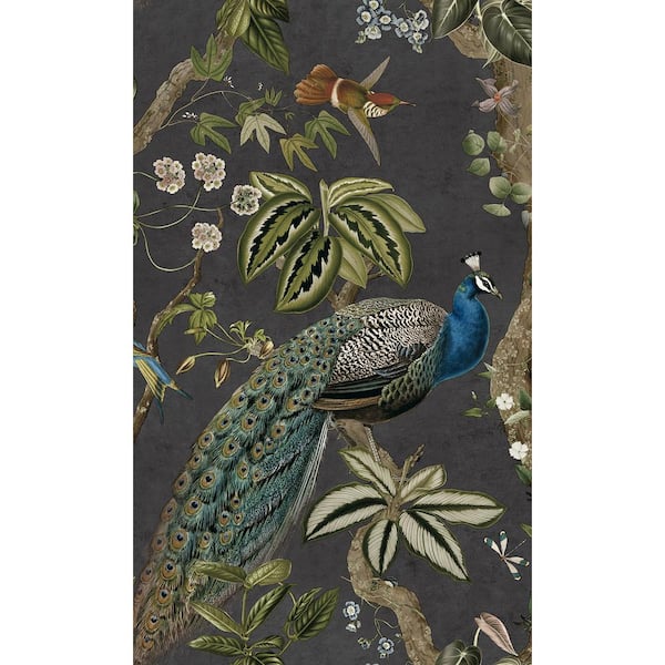 Charcoal Climbing Peacock & Climbing Florals Printed Non-Woven Non-Pasted Textured Wallpaper 57 Sq. Ft.