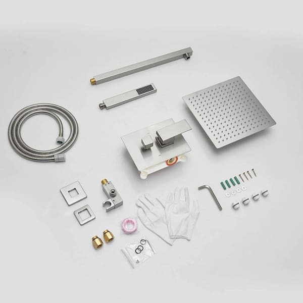 Single Handle 2-Spray 12 in. Square Shower Faucet With 2.5 GPM with High Pressure in Brushed Nickel (Valve Included)