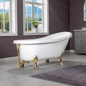 Eurek 67" Heavy Duty Acrylic Slipper Clawfoot Bath Tub in White,Claw Feet,Drain and Overflow in Polished Gold