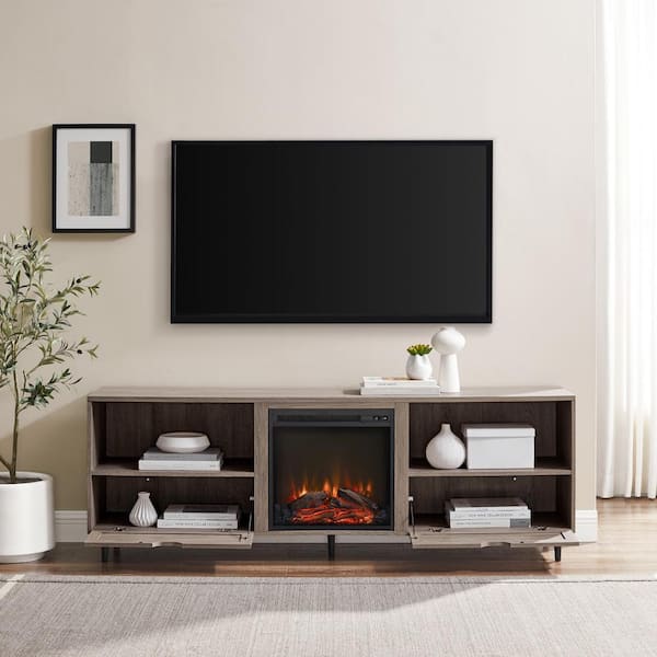 Walker Edison Furniture Company 70 in. Driftwood Rattan and Wood 2-Door Fireplace TV Stand for TVs up to 75 in.