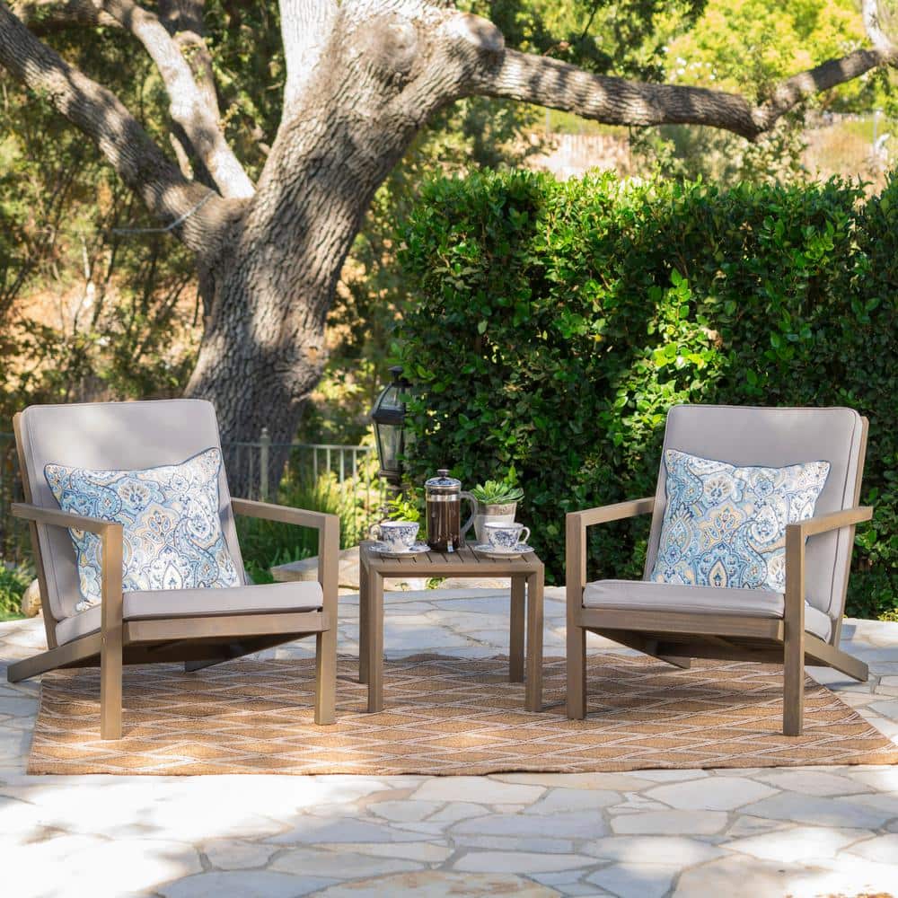 Gray Acacia Wood 3-Piece Outdoor Chat Set with Water-Resistant Cushions