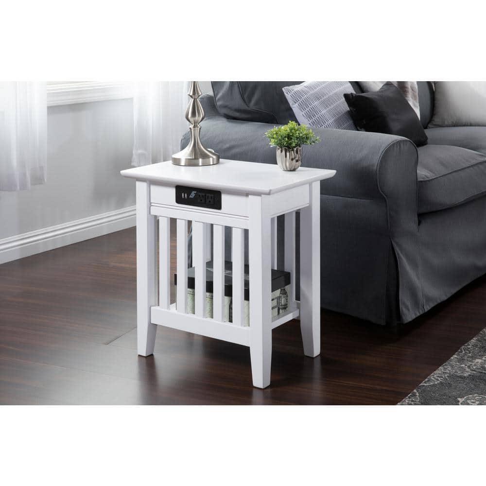 Eco-Friendly Hardwood Rectangular End Table with Charging Station in White
