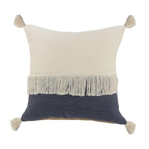 Festival Fringe Denim Blue/Off-White Color Block Soft Poly-Fill 20 in. x 20 in. Throw Pillow