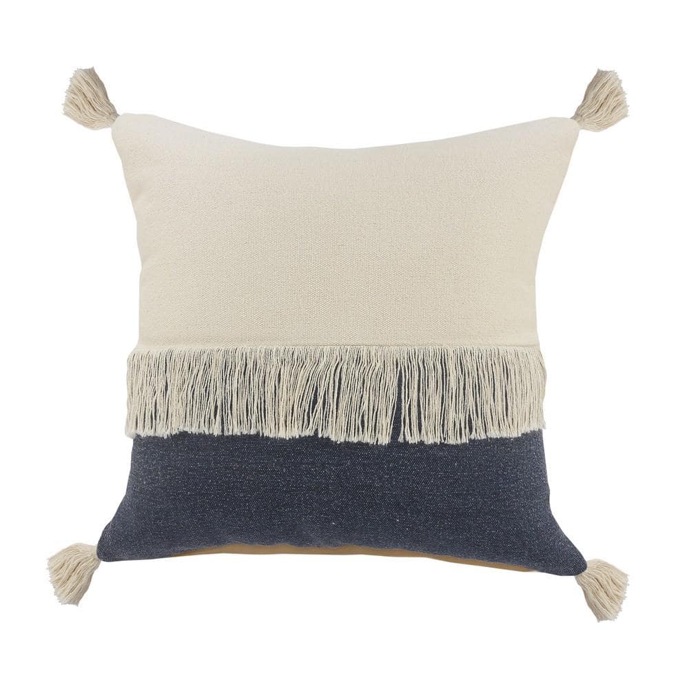 Festival Fringe Denim Blue/Off-White Color Block Soft Poly-Fill 20 in. x 20
