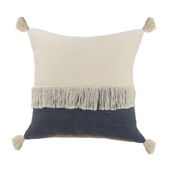 Unbranded Festival Fringe Denim Blue/Off-White Color Block Soft Poly-Fill 20 in. x 20 in. Indoor Throw Pillow