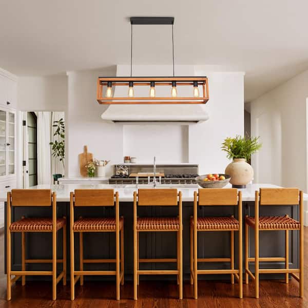Libtad 5-Light 40 in. W Brown Wood and Matte Black Rectangular Farmhouse Linear Pendant Light for Kitchen Island