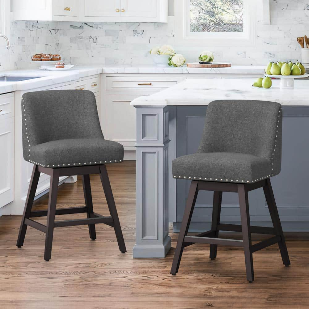 cozyman Hampton 26 in. Solid Wood Charcoal Gray Swivel Bar Stools with ...