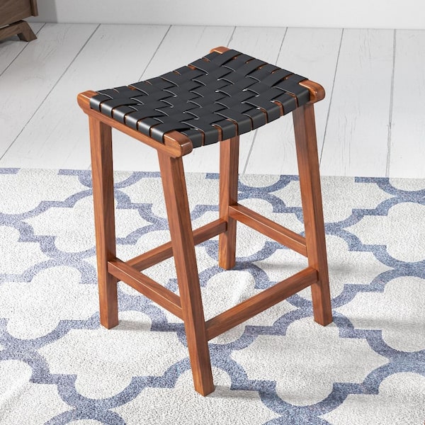 Zanvier Mid-Century Modern 29 in. H Black Solid Wood Frame Bar Stool with Leather Woven Seat, Footrest