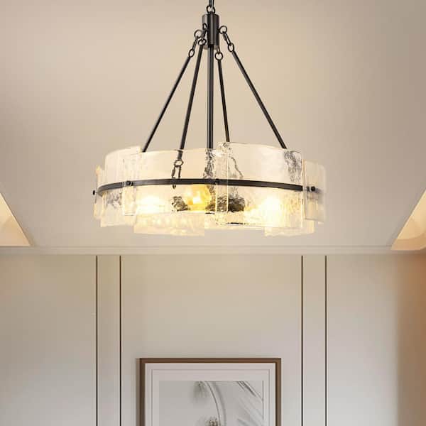 60-Watt 4-Light Black Round Drum Pendant Light with Clear Glass Shade for Living Room