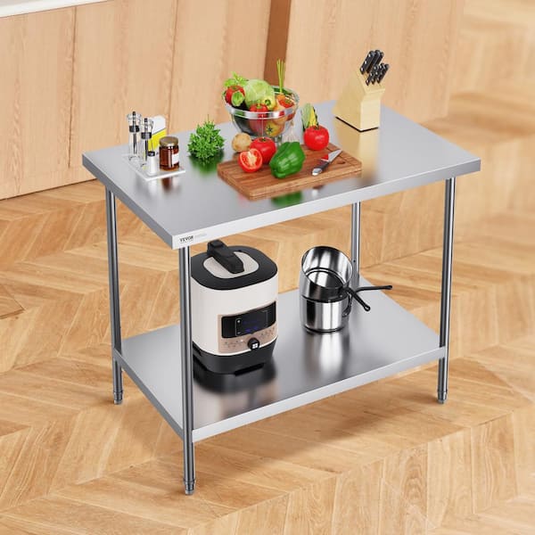 30 x 48 x 34 in. Stainless Steel Kitchen Prep Table 880 lbs. Load Capacity Worktable with 3 Adjustable Height, Silver