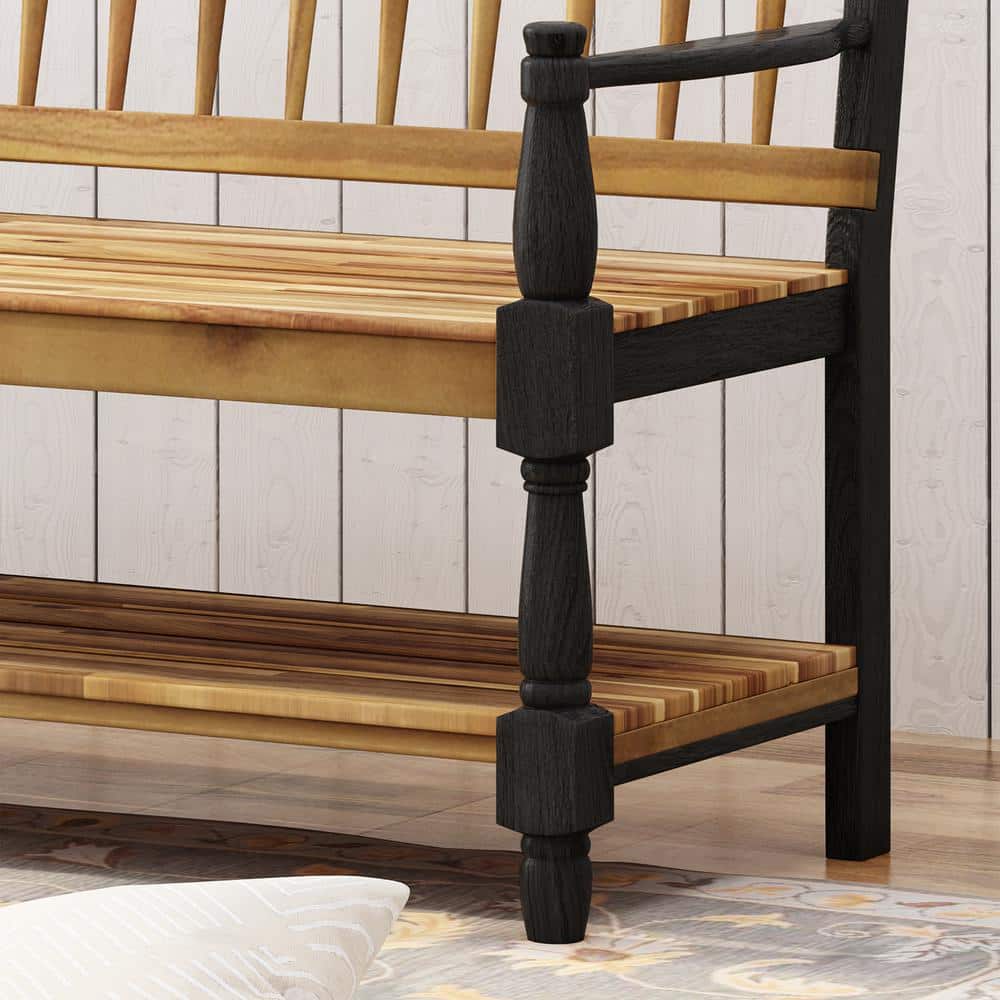 Teak and Black Acacia Wood Bench with Shelf, 51"