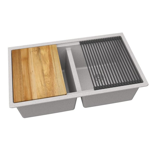 Elkay Quartz Classic 33 in. x 22 in. x 9-1/2 in. Equal Double Bowl Undermount Workstation Sink 4-Pieces Kit Greystone