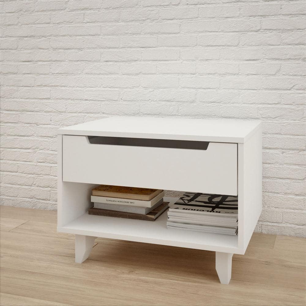 White Melamine Modern 1-Drawer Nightstand with Open Shelf