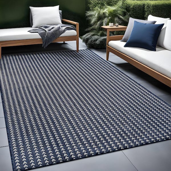 Arrow Navy 9 ft. x 12 ft. Chevron Striped Washable Indoor Outdoor Area Rug