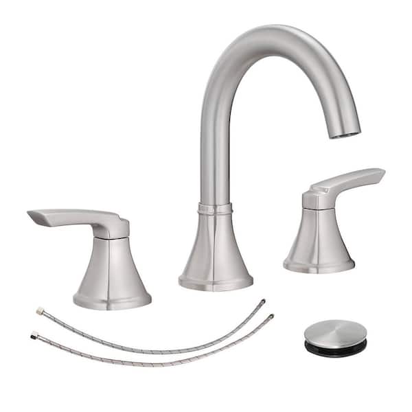 7.75 in. H 8 in. Widespread Double Handle Bathroom Faucet with Pop-up Drain in Brushed Nickel