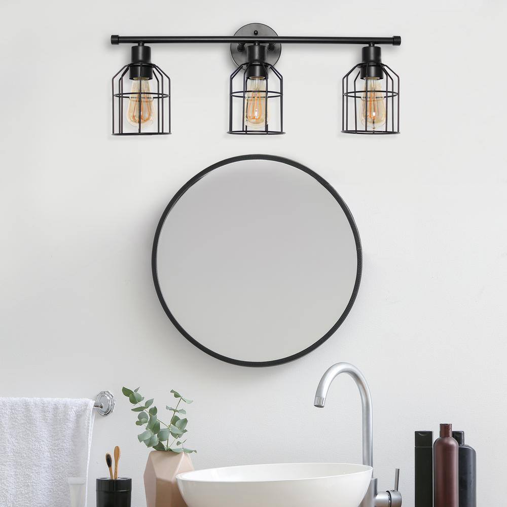Black Industrial 3-Light Vanity Fixture with Wire Cage Shades