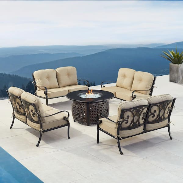 Oakland Living Black Aluminum Fire Table Set with 4-Deep Seating Loveseats