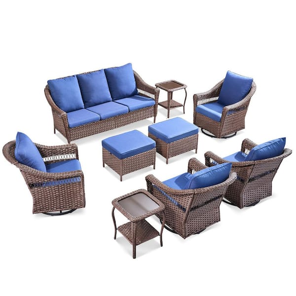 Buenaola 9-Piece Wicker Patio Conversation Set with Swivel Rocking Chairs, Outdoor Sofa Seating Set with Blue Cushions