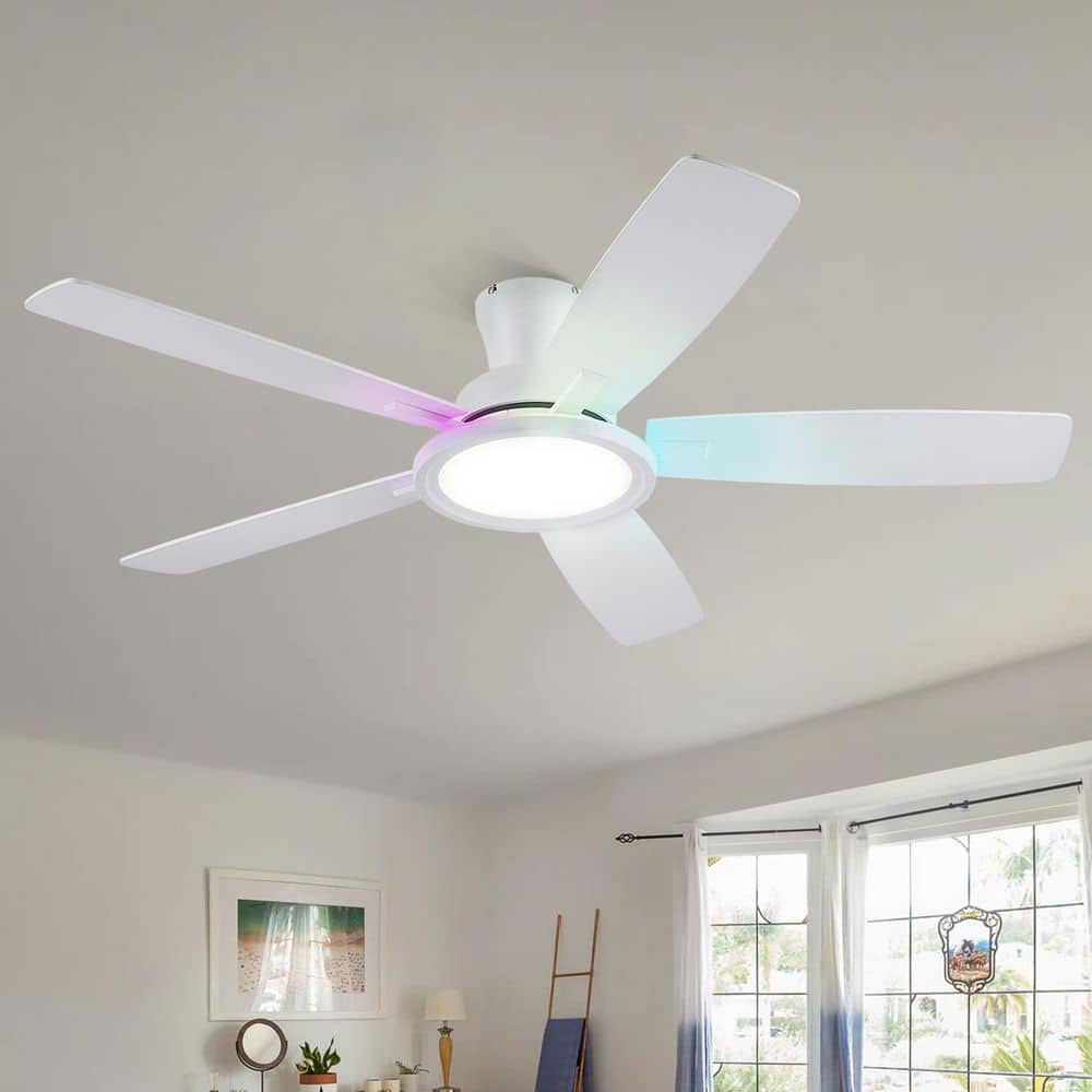 52 in. Indoor White Flush Mount Modern  Ceiling Fan with Remote Control Integrated RGB LED 3CCT Dimmable Noiseless price history on PriceWatchPro