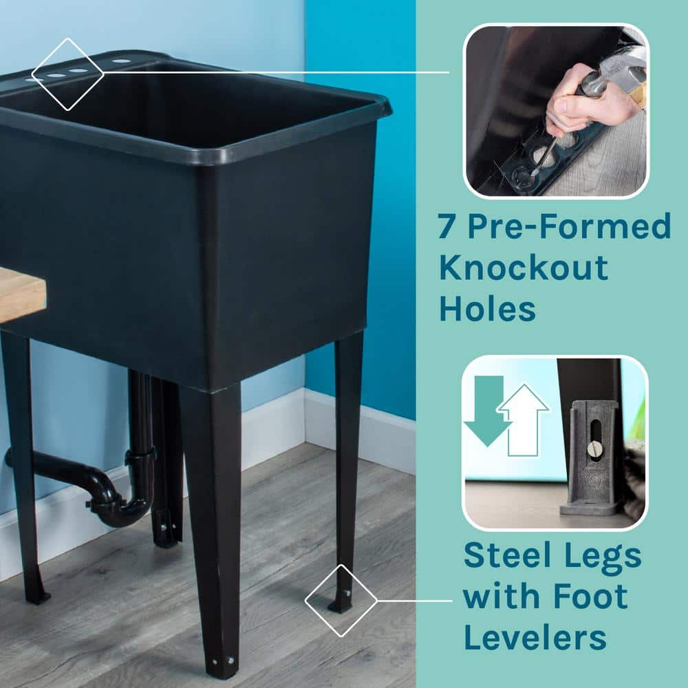 Black Freestanding Utility Sink with Chrome Faucet and Metal Legs