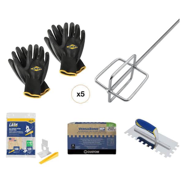 Thinset Mixing Paddle, Square-Notch Trowel, Tiler's Gloves (2-Pr), Tile Leveling Clips/Wedges (200-Pc) and 50 lb Mortar