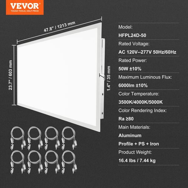 VEVOR 2 PCS 2 ft. x 4 ft. LED Flat Panel Light 6000LM 50 W LED Drop Ceiling Light 3500K/4000K/5000K for Home Office Classroom