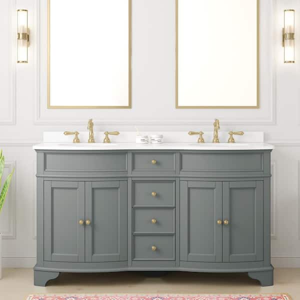 Terryn 61 in. Double Sink Dusk Green Bath Vanity with Engineered White Marble Top (Assembled)