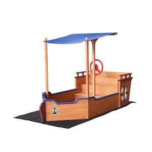 2.6 ft. W x 3.2 ft. L Wooden Pirate Ship Sandbox W/Storage Bench Seat, Cover & Rudder for Kids Ages 3-Year to 8-Year Old